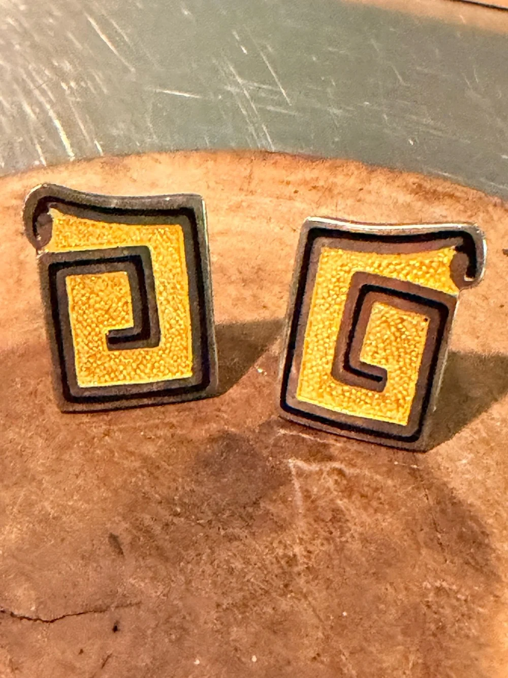 Los Ballesteros Taxco 925 Sterling Silver Enamel Modernist Greek Key Cufflinks
